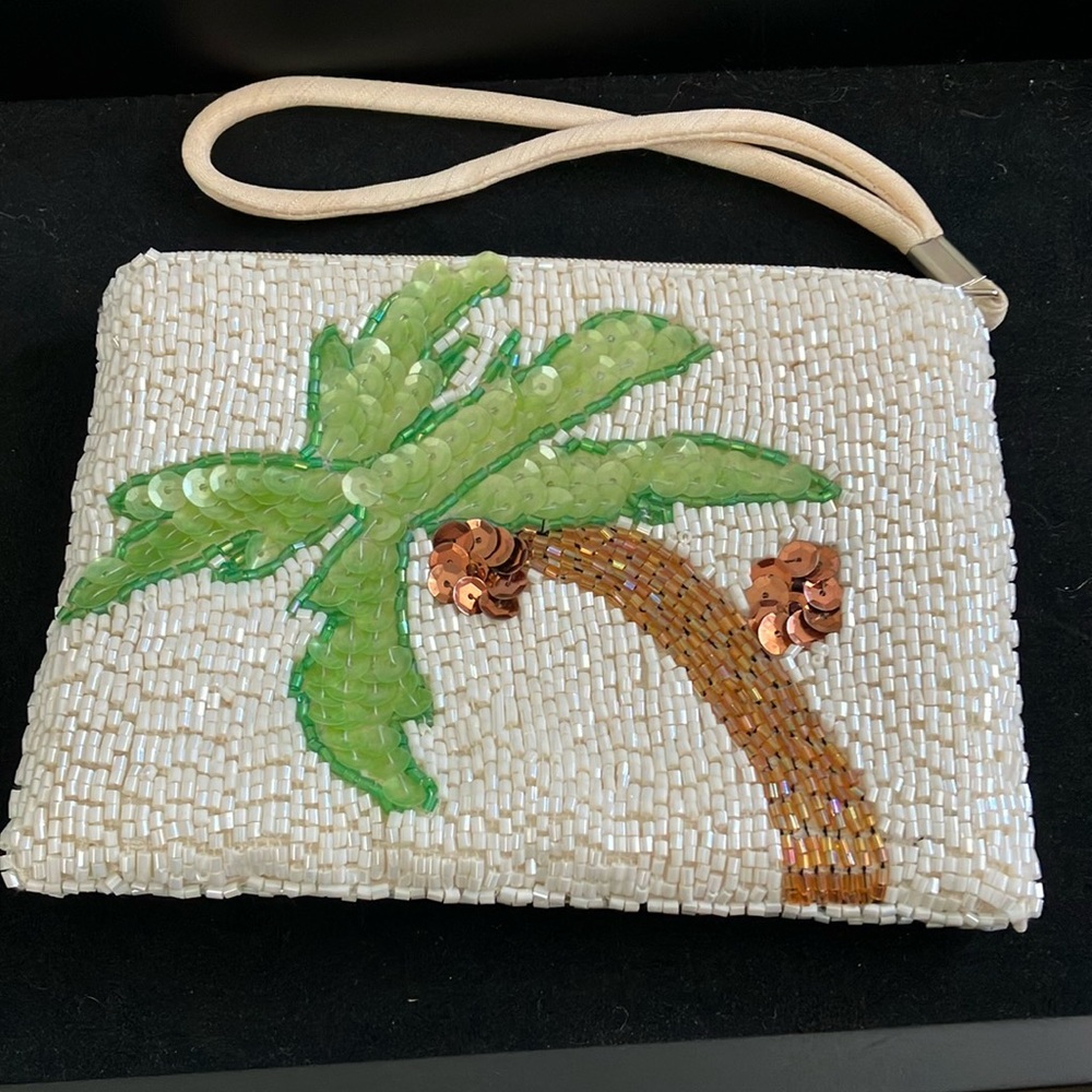 Beaded Palm Tree Clutch - Cream and Green